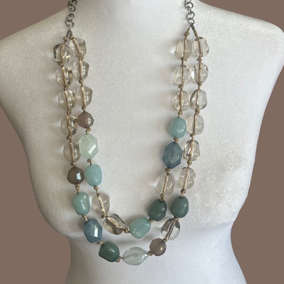 Coastal Teal & Taupe Beaded Statement Necklace - Picture 1 of 3